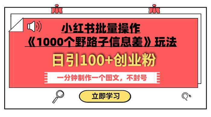 小红书批量操作《 1000 个野路子信息差》玩法，日引 100+ 创业粉，一分钟一个图文 - 项目资源网