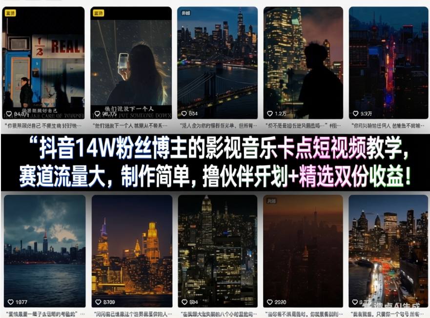抖音14W粉丝博主的影视音乐卡点短视频教学，赛道流量大，制作简单，撸伙伴计划+精选双份收益！ - 项目资源网