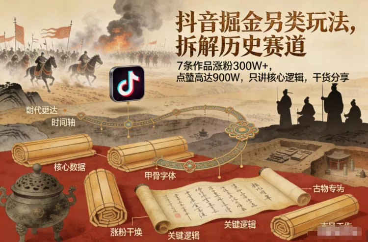 抖音掘金另类玩法，拆解历史赛道，7条作品涨粉300W+，点赞量高达900W，只讲核心逻辑，干货分享 - 项目资源网
