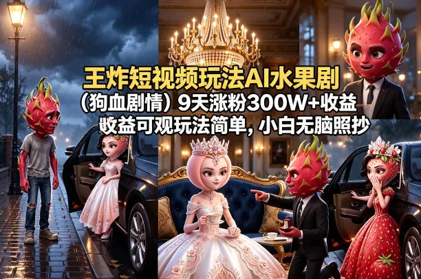 王炸短视频玩法AI水果剧(狗血剧情)9天涨粉300W+收益可观玩法简单，小白无脑照抄，详细拆解玩法 - 项目资源网