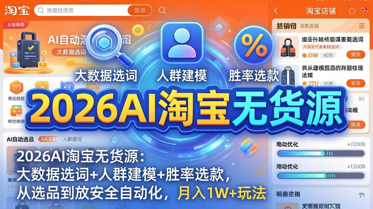 2026AI淘宝无货源：大数据选词+人群建模+胜率选款，从选品到放大全自动化，月入1W+玩法 - 项目资源网