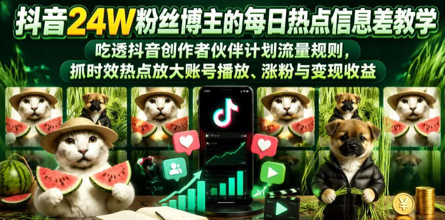 抖音24W粉丝博主的每日热点信息差教学，吃透创作者伙伴计划流量规则，抓时效热点放大账号播放、涨粉与变现收益 - 项目资源网