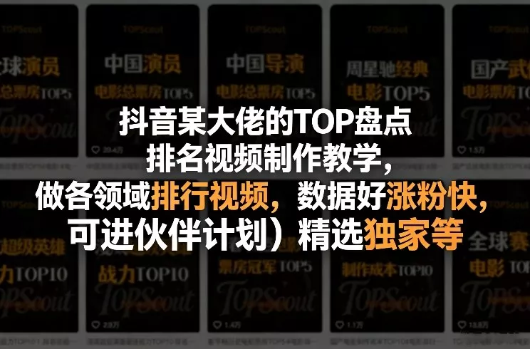 抖音某大佬的TOP盘点排名视频制作，做各领域排行视频，数据好涨粉快，可进伙伴计划＋精选独家等 - 项目资源网