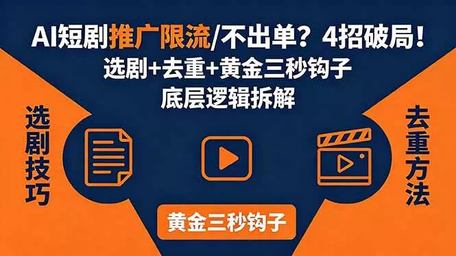 （18253期）AI短剧推广总被限流、不出单？4招选剧+去重技巧+黄金三秒钩子，手把手拆解底层逻辑 - 项目资源网
