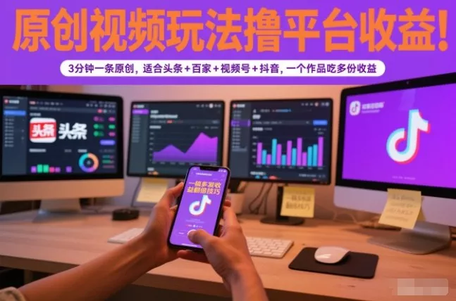 原创视频玩法撸平台收益，3分钟一条原创，适合头条+百家+视频号+抖音，一个作品吃多份收益 - 项目资源网