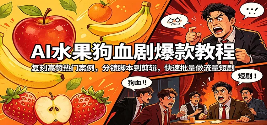 AI水果狗血剧爆款教程：复刻高赞热门案例，分镜脚本到剪辑，快速批量做流量短剧 - 项目资源网