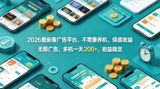 2026最新看广告平台，不需要养机，保底收益，无限广告，多机一天200+，收益稳定【揭秘】 - 项目资源网