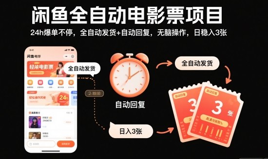 闲鱼全自动电影票项目，24h爆单不停，全自动发货+自动回复，无脑操作，日稳入3张【揭秘】 - 项目资源网