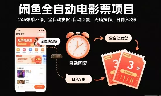 闲鱼全自动电影票项目，24h爆单不停，全自动发货+自动回复，无脑操作，日稳入3张【揭秘】 - 项目资源网