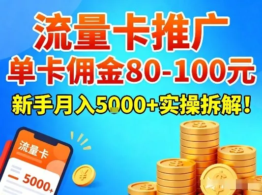 流量卡推广，单卡佣金80-100，新手月入5k+实操拆解！ - 项目资源网