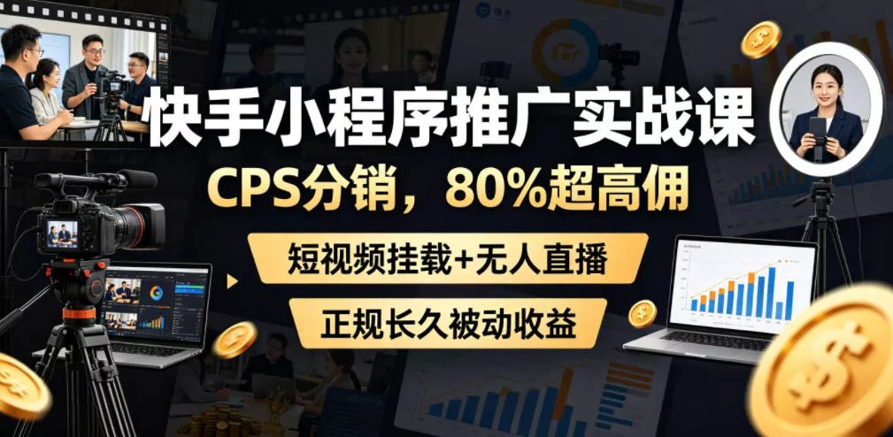 快手小程序推广实战课，CPS分销，80%超高佣，短视频挂载+无人直播，正规长久被动收益 - 项目资源网