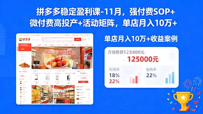 拼多多稳定盈利课-11月，强付费SOP+微付费高投产+活动矩阵，单店月入10万+ - 项目资源网
