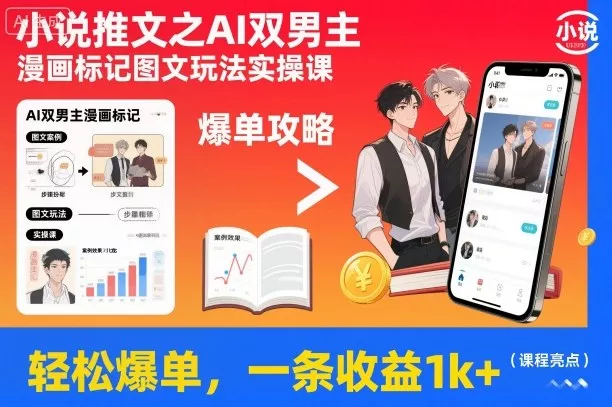 小说推文之AI双男主漫画标记图文玩法实操课，轻松爆单，一条收益1k+ - 项目资源网