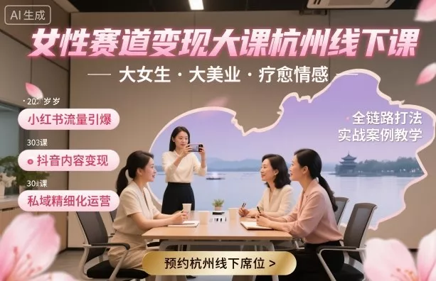 女性赛道变现大课杭州线下，大女生，大美业，疗愈情感，一套小红书、抖音、私域全链路打法 - 项目资源网