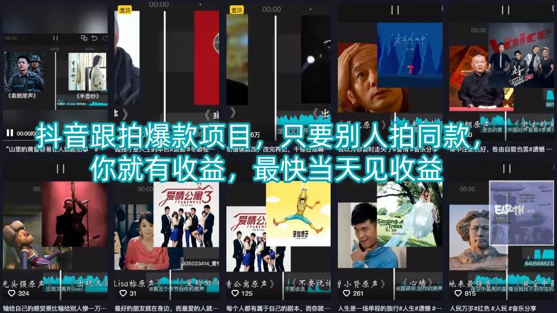 抖音跟拍爆款项目，只要别人拍同款，你就有收益，最快当天见收益 - 项目资源网