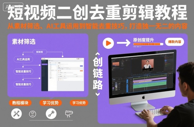 短视频二创去重剪辑教程，从素材筛选、AI工具运用到智能去重技巧，打造独一无二的内容 - 项目资源网
