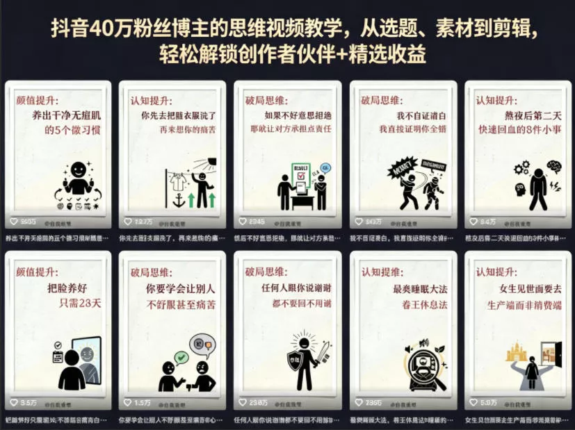 抖音40W粉丝博主的思维视频教学，从选题、素材到剪辑，轻松解锁创作者伙伴+精选收益 - 项目资源网