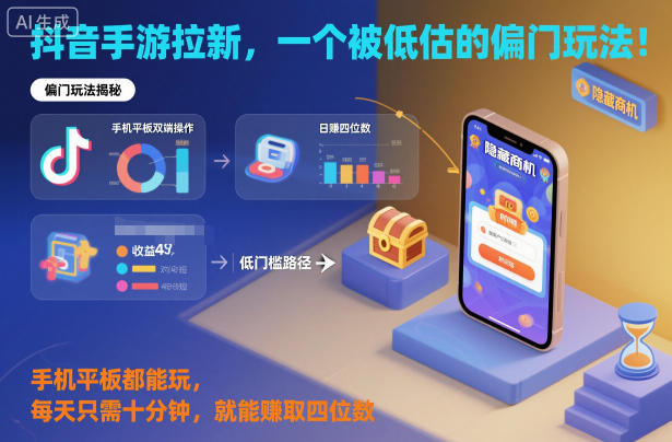 抖音手游拉新，一个被低估的偏门玩法！手机平板都能玩，每天只需十分钟，就能賺取四位数【揭秘】 - 项目资源网