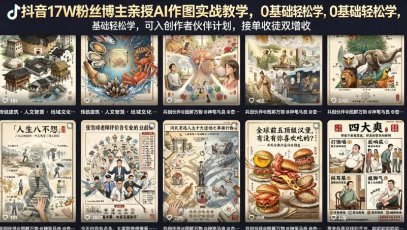 抖音17W粉丝博主亲授AI作图实战教学，0基础轻松学，可入创作者伙伴计划，接单收徒双增收 - 项目资源网