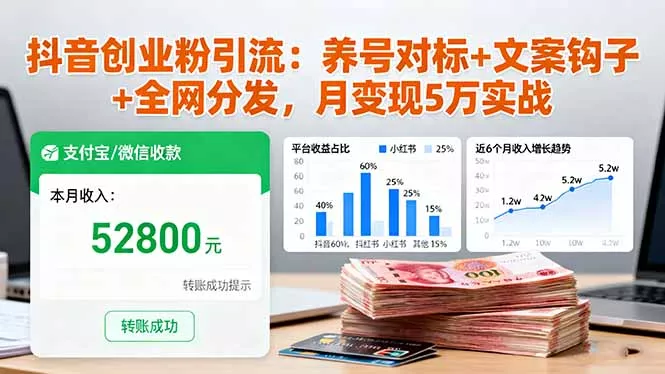 抖音创业粉引流：养号对标+文案钩子+全网分发，月变现5万实战 - 项目资源网