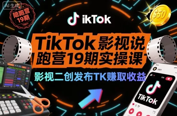 TikTok影视解说陪跑营19期实操课，影视二创发布TK賺取收益，万播收益50美金 - 项目资源网