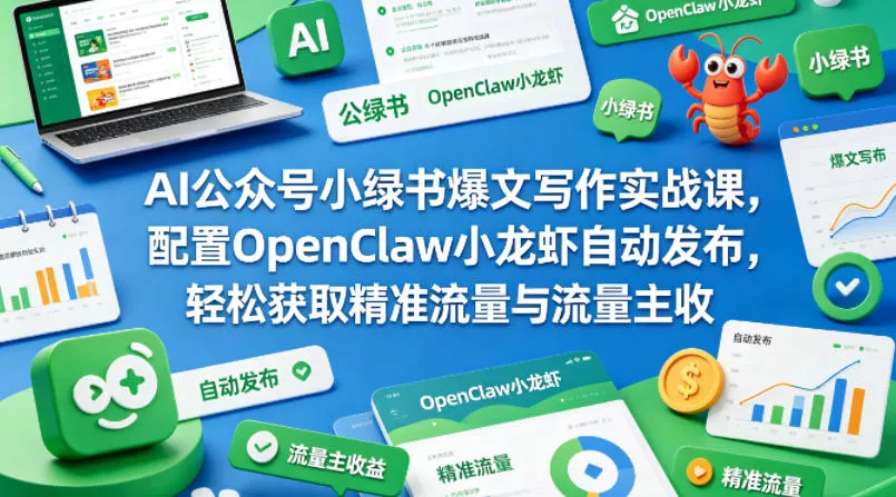 AI公众号小绿书爆文写作实战课，配置OpenClaw小龙虾自动发布，轻松获取精准流量与流量主收益 - 项目资源网